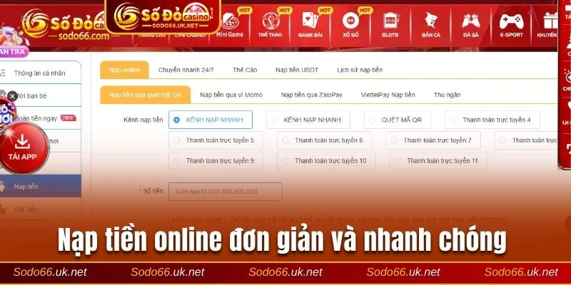 Nạp tiền online nhanh chóng, đơn giản tại Sodo66